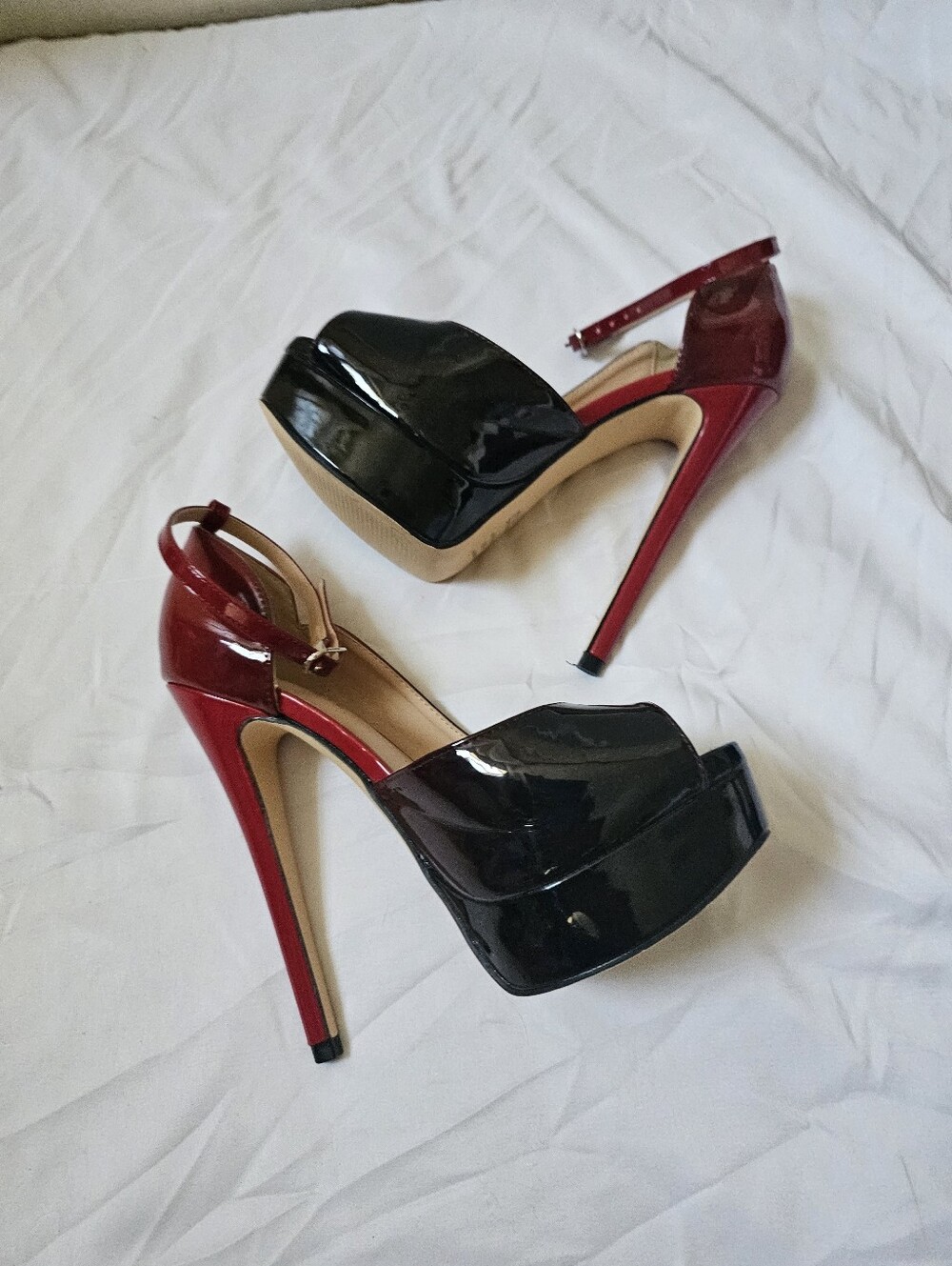 Merumote Size 6.5 Black Burgundy Patent Peep Toe Platform Stiletto Heels - Picture 4 of 11